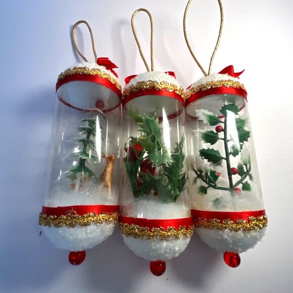 3 vintage diorama Christmas ornaments; snowman, deer, cardinal, MCM - Picture 2 of 6